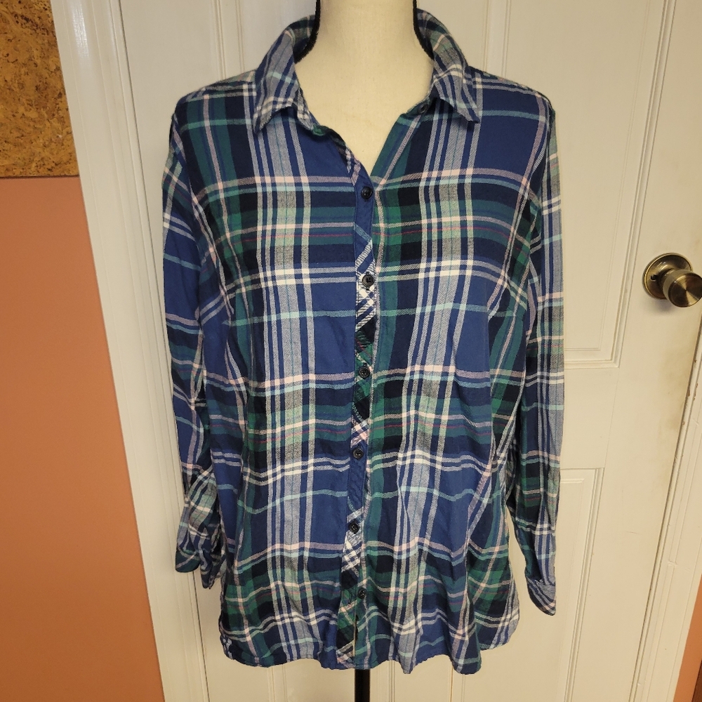 croft & barrow Blue and Green Plaid Button-Down Shirt